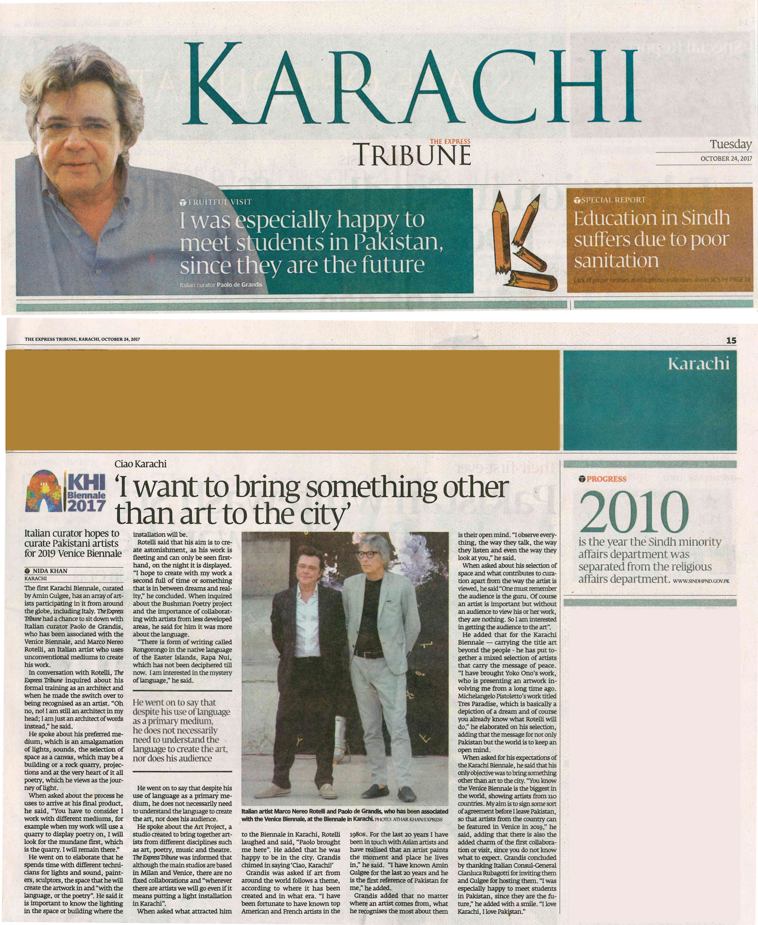 Karachi Tribune - Article on Paolo De Grandis